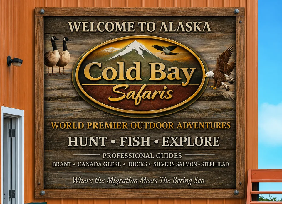 Welcome to Alaska Cold Bay Safaris sign at the lodge